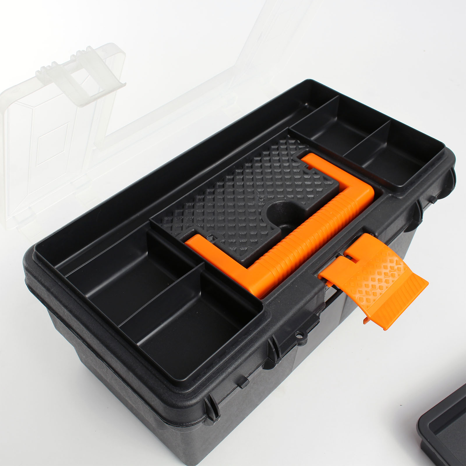 Caja de herramientas vacía de plástico con cerradura, color negro