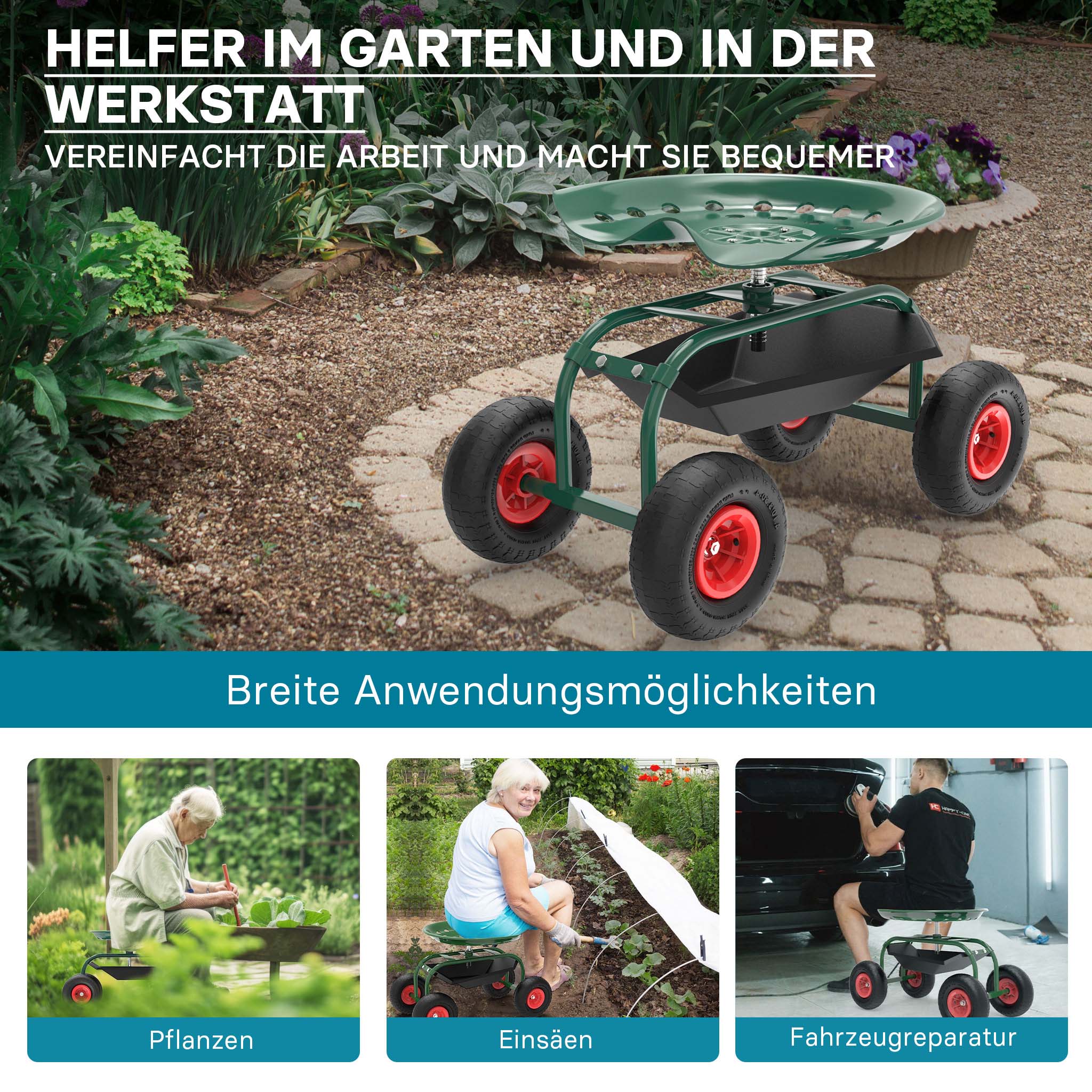 Siège de jardin su roues Charge 150kg max. Chariot pour outils