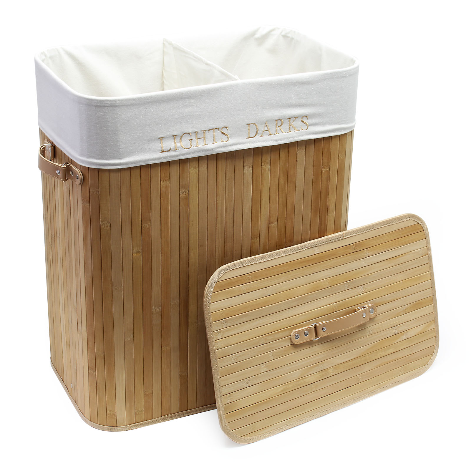 Wäschebox aus Bambus 105L mit Leinensack natur faltbar