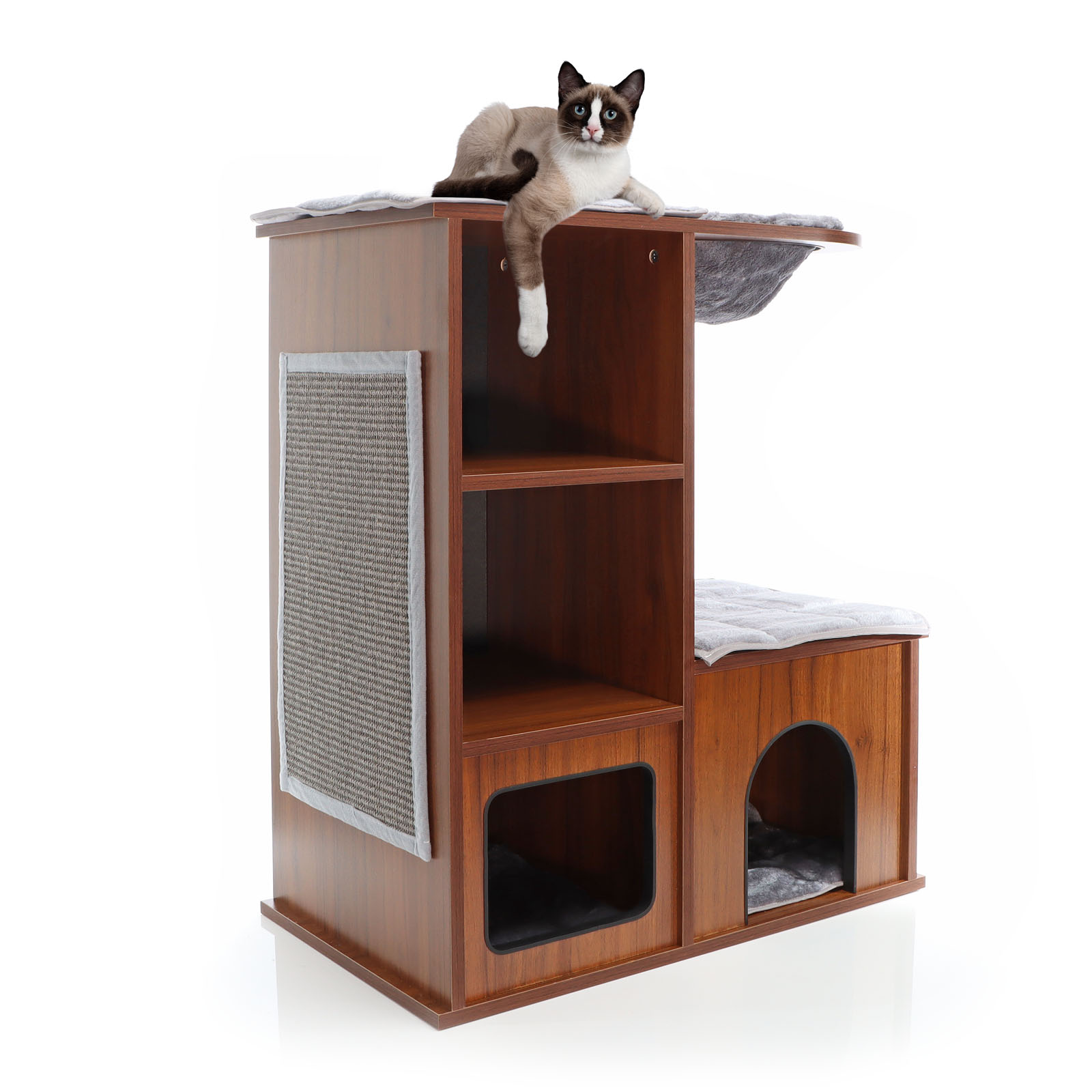 Fudajo Casetta gioco per gatti Design in legno marrone con cuscini e tappetino  tiragraffi in sisal