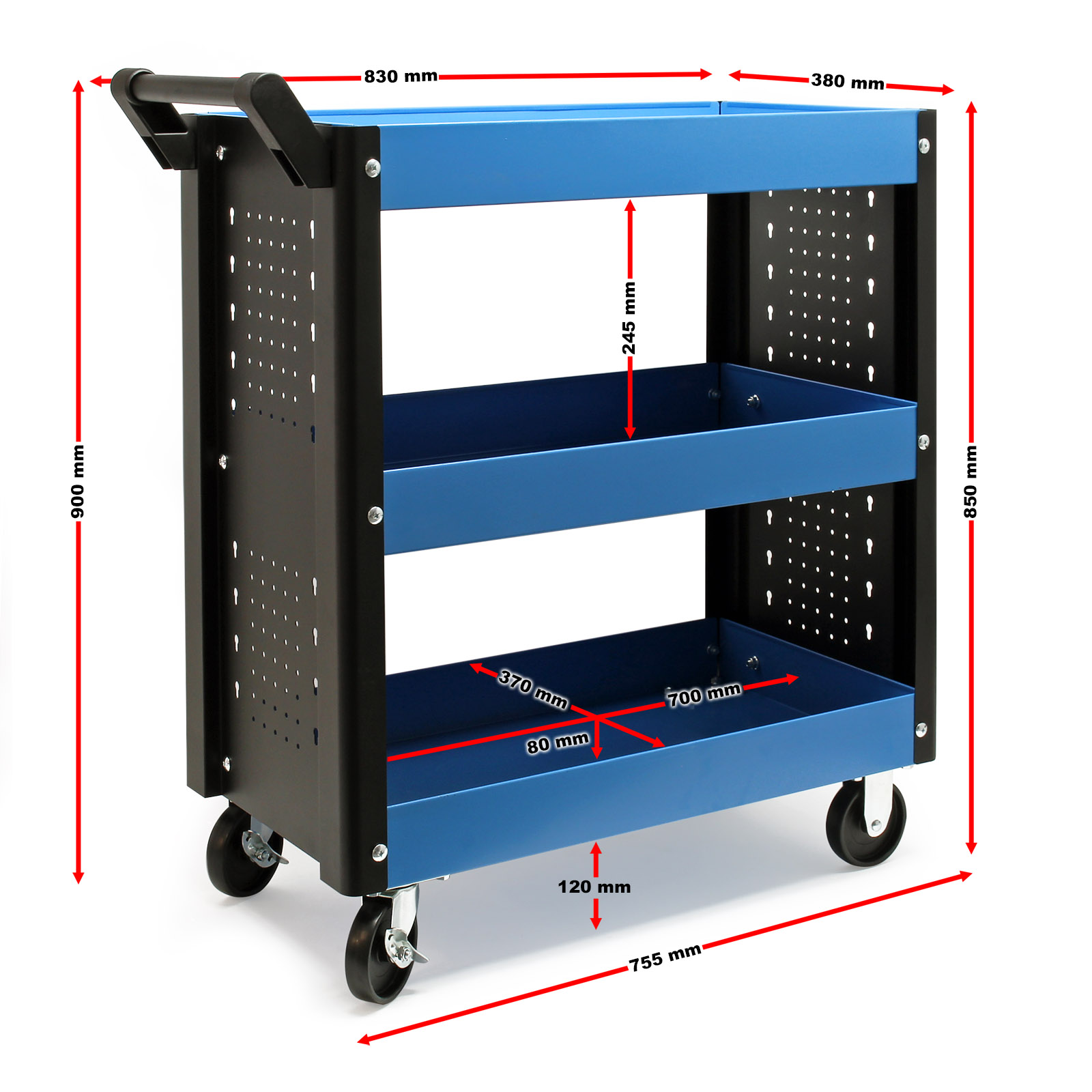 Workshop Tool Cart with Handle, 3 Storage Trays and Rubber Wheels | Werkstattwagen