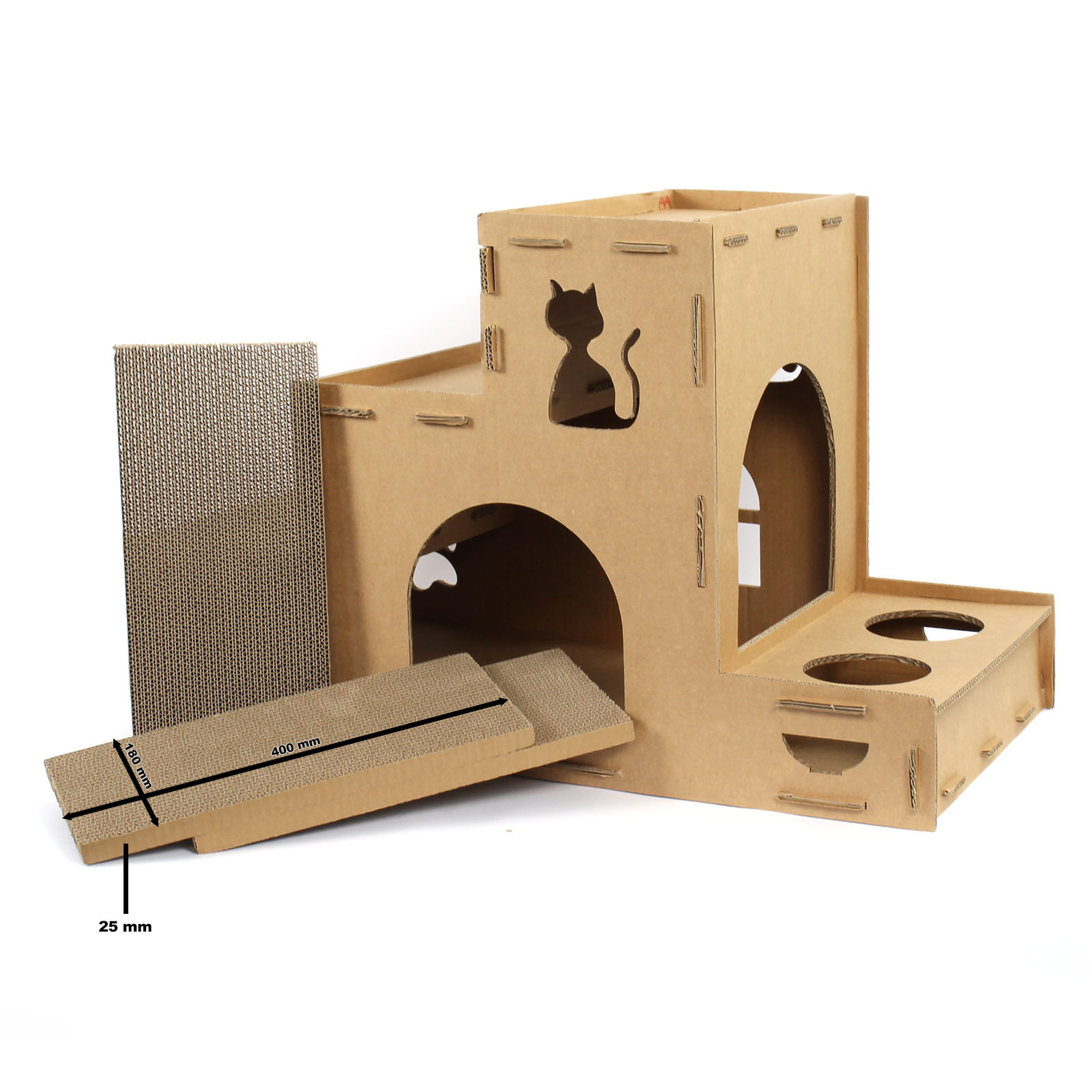 Escalera para gatos con zona de alimentación casa de cartón rascador