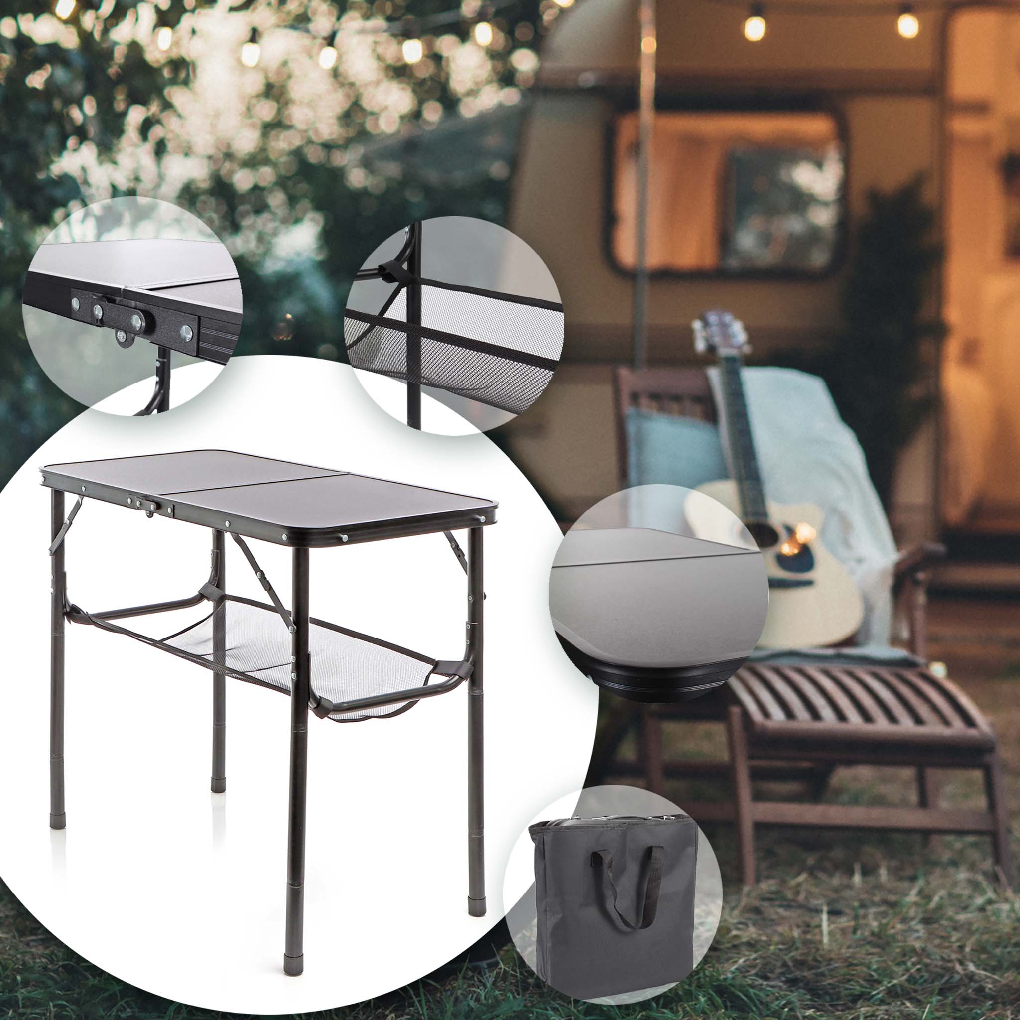 Mesa plegable Mesa de camping Mesa de jardín con asa de transporte Aluminio  120x