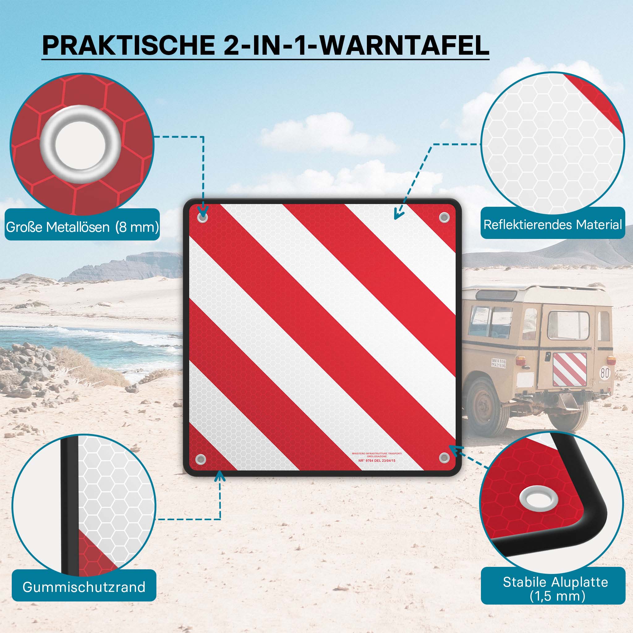 liebfit Warnschild Warntafel, (mit 4 x Spanngurt, 1 St., Rot Weiß  Heckträger), 2in1 Italien und Spanien 50x50cm Aluminium