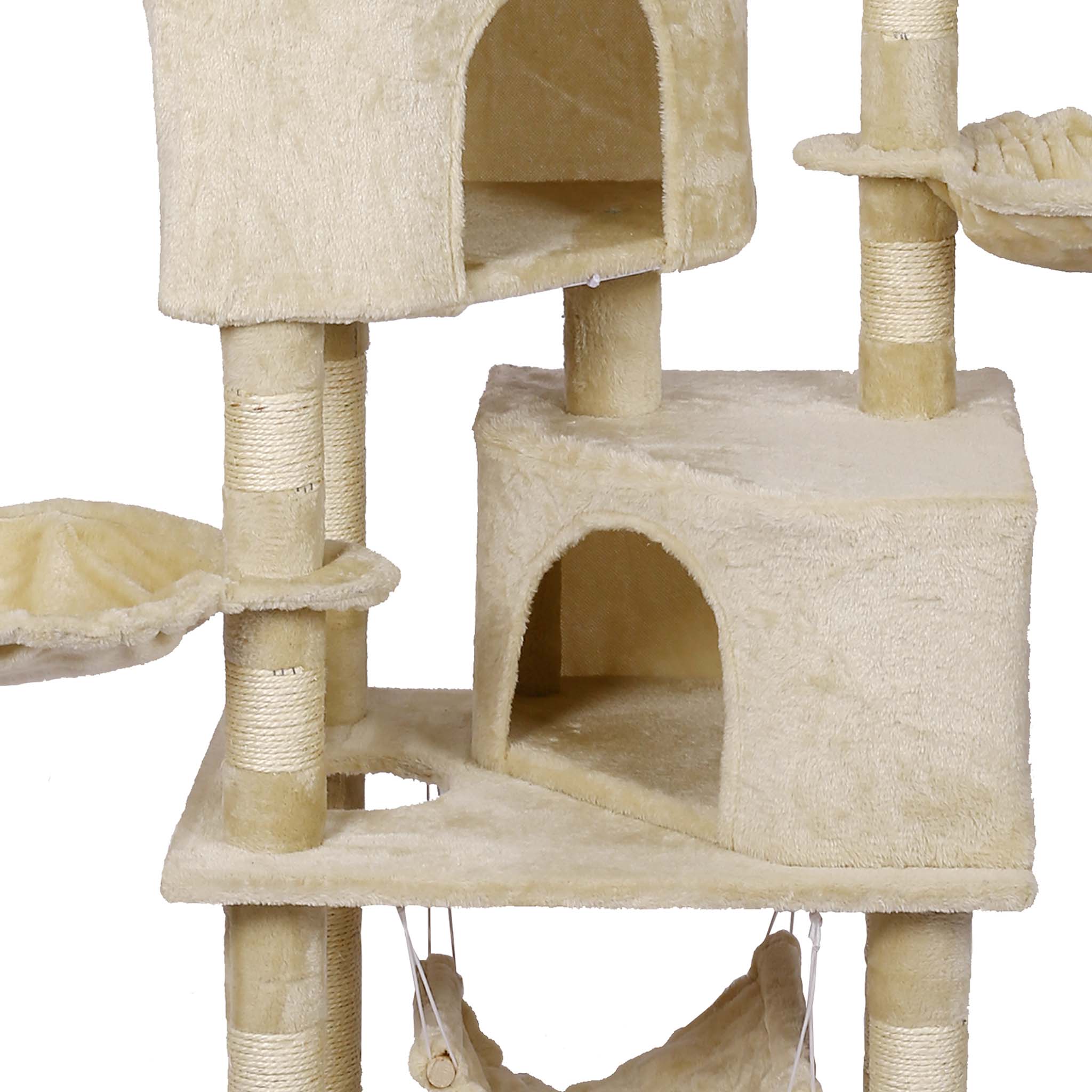 Katzenkratzbaum beige mit Pfotenmotiv 145cm Kratzbaum mit Hängematten,  Katzenhäusern und Spielbälle | 63246